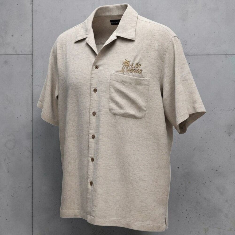 UltraClub Cabana Breeze Shirt Las Vegas Mens Large Tan Palm Trees Resort Wear